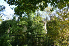 The image is a high-resolution photograph capturing a serene, wooded scene. Dominating the foreground is a tall, black wrought iron fence with a scalloped top, partially obscured by dense green foliage. The fence is slightly rusted, indicating age and exposure to the elements. Beyond the fence, a white, two-story house with a gray roof is visible, partially hidden by the trees. The house has a symmetrical design with a central chimney and a small porch on the right side. The house's white walls contrast sharply with the lush greenery surrounding it. The sky above is a clear blue, with a few scattered clouds, adding to the tranquil ambiance. The image is taken from a low angle, emphasizing the height of the fence and the house, and giving a sense of depth and perspective. The overall mood of the image is peaceful and secluded, with a touch of rustic charm. The photograph is likely taken during the daytime, as indicated by the bright sunlight filtering through the leaves. The image does not contain any discernible text or human figures. The natural elements, such as the trees and the fence, are the primary subjects, with the house serving as a backdrop. The image is rich in detail, capturing the texture of the leaves, the smoothness of the fence, and the rough texture of the house's walls. The photograph is a blend of natural and man-made elements, creating a harmonious composition. The image is devoid of any human presence, emphasizing the solitude and tranquility of the scene. The photograph is likely taken with a digital camera, as indicated by the high resolution and clarity of the image. The image does not contain any discernible text or human figures. The natural elements, such as the trees and the fence, are the primary subjects, with the house serving as a backdrop.