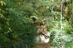The image is a high-resolution photograph of a lush, green forest scene. Dominating the center of the frame is a tall, rectangular stone pillar, partially covered by dense foliage. The pillar is made of light-colored stone, possibly granite, and stands approximately 10 feet tall. It is adorned with intricate carvings of human figures and animals, including a prominent lion at the top. The carvings are detailed, with the figures appearing to be in various dynamic poses. The pillar is surrounded by a variety of green plants, including ferns, ivy, and other leafy vegetation, which partially obscure the lower part of the pillar. In the background, the forest continues with a mix of tall trees and smaller shrubs, creating a dense, natural setting. The lighting is natural, likely from sunlight filtering through the canopy, casting dappled shadows on the ground and the pillar. The overall mood of the image is serene and somewhat mysterious, with the ancient stone pillar standing as a silent witness to the passage of time amidst the vibrant greenery. The photograph captures the essence of a hidden, ancient monument in a natural forest setting.